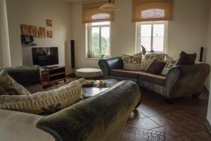 a living room with two couches and a tv at Ferienhaus im Gänseried in Erfurt