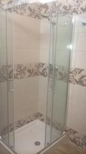 y baño con ducha y puerta de cristal. en Monolocali Angelica, en Porto Cesareo