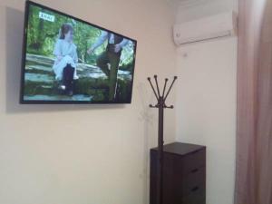 a flat screen tv hanging on a wall at Comfortable inexpensive apartmets near metro in Athens
