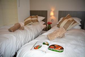 本莱赫Ein Yfory的酒店的客房内设有两张床,备有书籍。