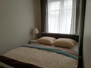 シュチェチンにあるSAS Apartamenty Vegaのベッドルーム1室(枕2つ、窓付)