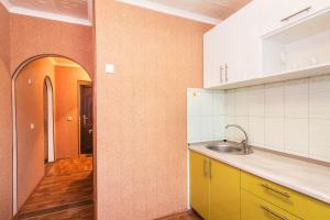 布祖盧克的住宿－Microrayon 2 Dom 8，厨房配有黄色橱柜和水槽