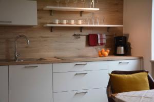 een keuken met witte kasten en een spoelbak bij Appartement Karnutsch in Schenna +13 foto's