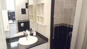 a bathroom with a sink and a mirror at Slavija Square Apartment Cvetni Trg in Belgrade