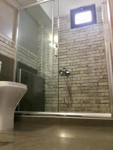 a bathroom with a glass shower with a toilet at Platanos Rooms in Anopoli Sfakion