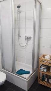 トラフェミュンデにあるPEMATRA Ferienwohnung Fährblickのバスルーム(ガラスドア付きのシャワー付)