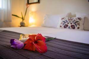a red and purple flower sitting on top of a bed at Planeta Banana Paraty in Paraty