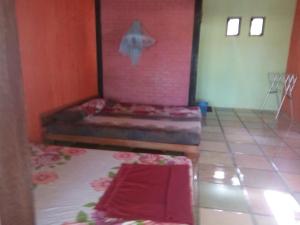 a room with two beds and a pink wall at Susan Homestay in Batukaras