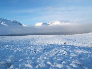 un campo cubierto de nieve con montañas al fondo en Inn at Ardgour en Onich