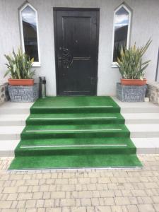 a set of green steps leading to a black door at Hotel Grant in Kharkiv