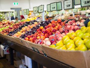 a display of fruits and vegetables in a grocery store at Sunnybank Star Hotel in Brisbane
