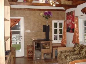 a living room with a couch and a stove at chatka in Rajecké Teplice