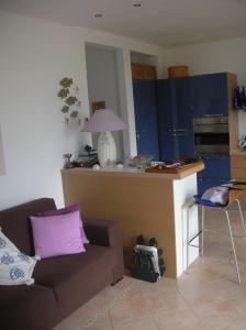 un soggiorno con divano e una cucina con armadi blu di la scappatoia a Cavo