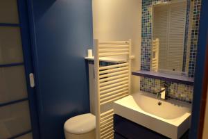 a bathroom with a toilet and a sink and a mirror at Le 22 in Honfleur +16 photos