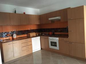 a kitchen with wooden cabinets and a white dishwasher at Adriatic Queen in Gdinj