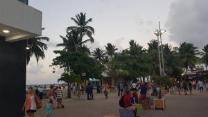 een groep mensen die op straat lopen met palmbomen bij Olas Del Caribe in San Andrés
