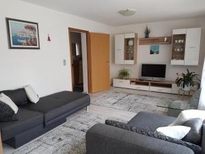 ein Wohnzimmer mit einem Sofa und einem TV in der Unterkunft Haus Weibert in Freudenstadt