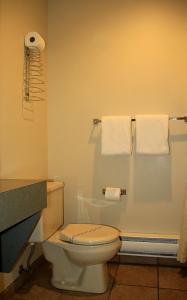 uma casa de banho com WC e toalhas na parede em Cariboo Lodge em Clinton