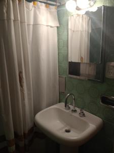 baño con lavabo y cortina de ducha blanca en Casa Familiar en San Rafael