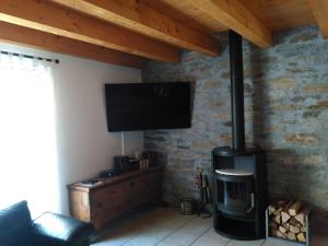ein Wohnzimmer mit einem Kamin und einem Flachbild-TV in der Unterkunft Casa Fontanella in Brione