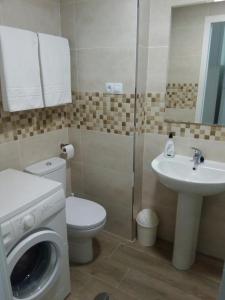 La salle de bains est pourvue de toilettes, d'un lavabo et d'un lave-linge. dans l'établissement NUEVO Roca Chica, Primera Línea Playa,Torremolinos, à Torremolinos