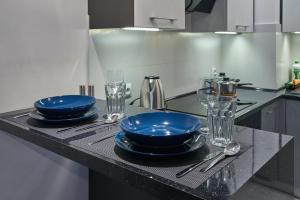een keuken met twee blauwe borden en glazen op een aanrecht bij D&A Apartments Old Town in Krakau