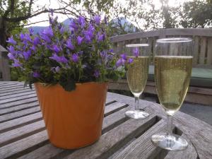 two glasses of champagne and flowers on a wooden table at Bnb Castellane Chambre d'Hotes B&B in Castellane