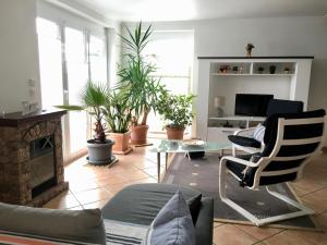 ein Wohnzimmer mit einem Sofa und einem Kamin in der Unterkunft Apartment Casa del Monte in Sinsheim