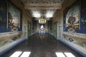 un couloir vide avec des peintures sur les murs et un lustre dans l'établissement VesConte Residenza D'epoca dal 1533, à Bolsena