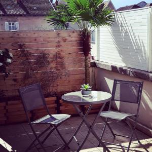 2 chaises, une table et un palmier sur la terrasse dans l'établissement La Pause Romantique, à Dole