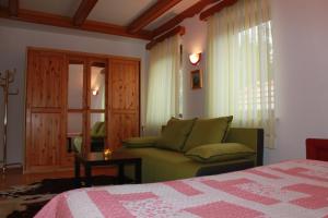 Apartment Countryside Kolpa-Bela krajina في متليكا: غرفة نوم مع أريكة خضراء ونافذة