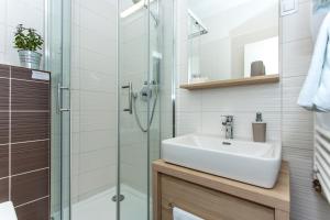 W łazience znajduje się umywalka i przeszklony prysznic. w obiekcie 4citywindows w Zagrzebiu