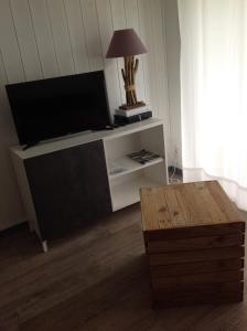una sala de estar con TV en un armario blanco en Appart & p'tit Jardin, en Arès