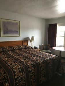 um quarto de hotel com uma cama e uma cadeira e uma janela em Budget Inn em Henderson