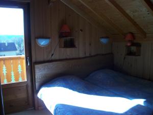1 dormitorio con 1 cama en una habitación con ventana en CHALET du DROPT en Girmont-Val-dʼAjol
