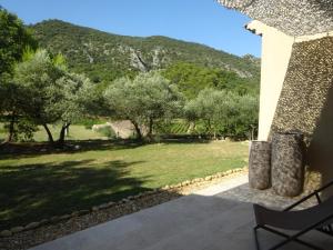 a view from the patio of a house with a lawn and trees at L'arcadie Du Souleyan in Oppède