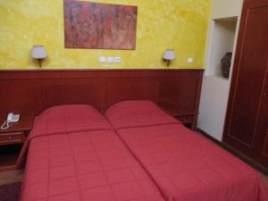 a bed in a room with a red bedspread at Hotel Delta in Lamía