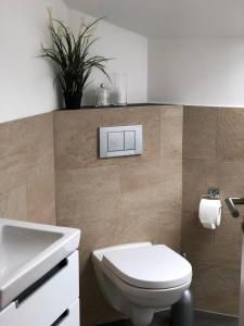 a bathroom with a white toilet and a sink at 5-Sterne Active Ferienwohnung Chiemgau in Marquartstein