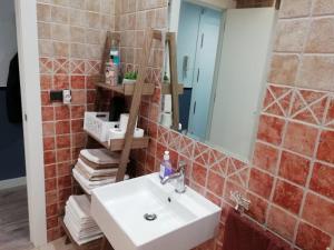 a bathroom with a sink and a mirror at La Barrica de Gran vía 43 en el centro de Logroño in Logroño