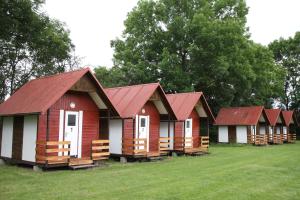 a row of houses with red roofs in a field at Penzion Haberský vrch in Habří +22 photos