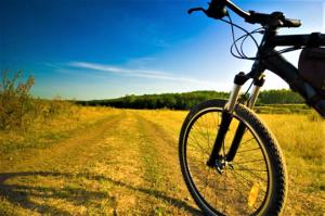 Una bicicleta estacionada en un camino de tierra en un campo en Antica Torre "La Casalta", en Petroio