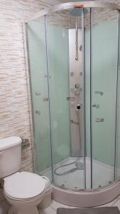 y baño con ducha de cristal y aseo. en Cabañas Rayen, en Río Bueno