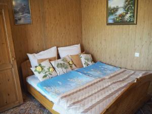 ミエンジボジェにあるDom Gościnny Anastazjaのベッド(青い掛け布団、枕付)