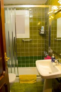 baño de azulejos verdes con lavabo y ducha en Artistic apartment with panoramic views, en Canet de Mar