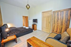 - une chambre avec un lit, un canapé et une télévision dans l'établissement Africana Apartment by Grand Apartments, à Sopot