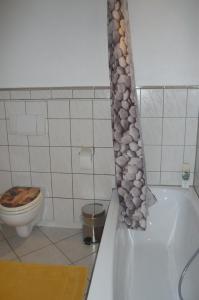 a bathroom with a toilet and a tub with a rock wall at Ferienwohnung Hammelburg in Hammelburg