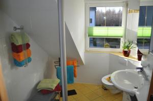 a bathroom with a sink and a toilet and window at ****Fewo "Alltag...ADE'" in Dippoldiswalde