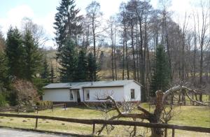 uma pequena casa branca no meio de um campo em Haus Am Friedrichsbach em Pöhla