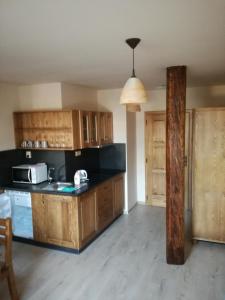 kuchnia z drewnianymi szafkami i blatem w obiekcie Ubytovani na hradbach w mieście Broumov