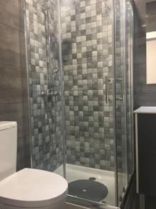 a bathroom with a shower with a toilet and a sink at New Luxury Apartment - Lisbon Center in Lisbon